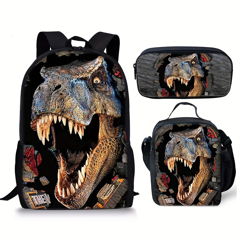

3pcs Dinosaur Backpack With Small Bag And Pencil Bag, Durable Polyester Bag For School Outfits