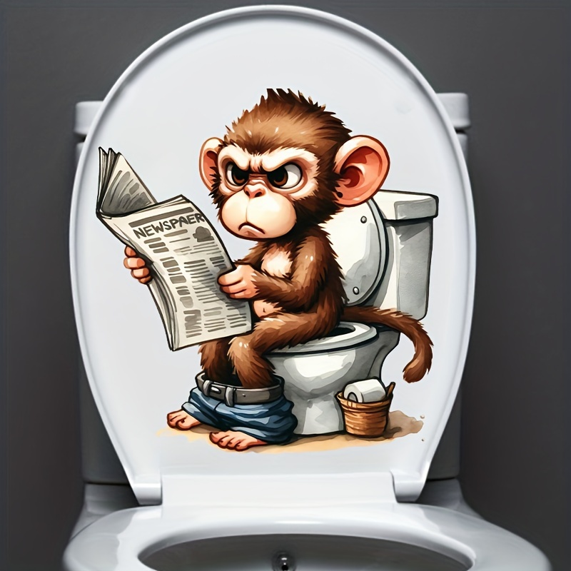 

Animal Monkey Reading Newspaper Toilet Lid Decal - Self-adhesive Bathroom Wc Sticker, Metal Surface Compatible, Semi-glossy Finish, Square Single-use Decorative Peel-and-stick Wall Art - 1pc