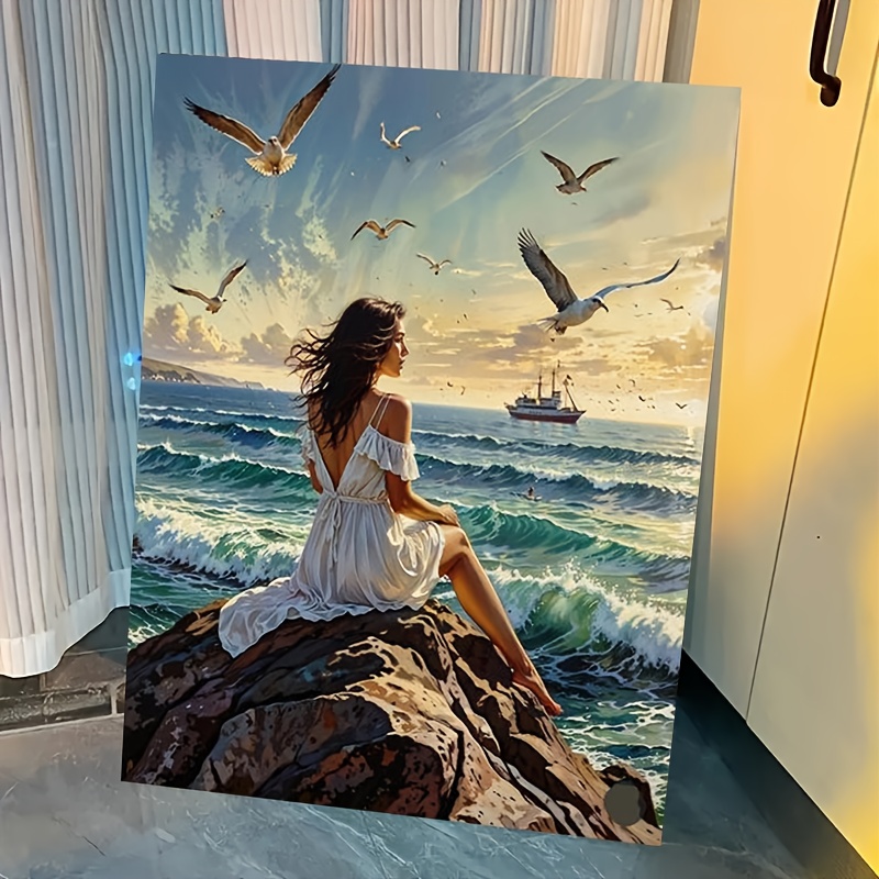 1 szett nő ül kőkockákon, a tengerre néz digitális olajfestmény készlet művészeti ajándék, könnyű vászonfestés, olajfestmény készlet, számok szerinti festés, lakberendezési akasztó festmény, anyák napja, apák napja, karácsony