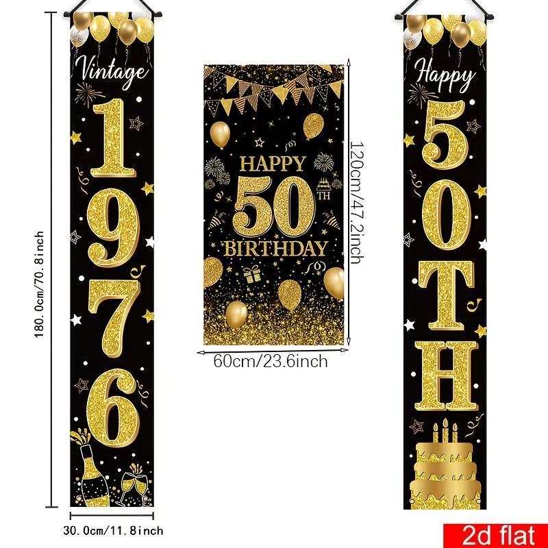 TEMU Ensemble de 3 pièces de toile de fond pour fête de 50e anniversaire sur le thème noir et doré, comprenant une bannière de fête et des fanions,