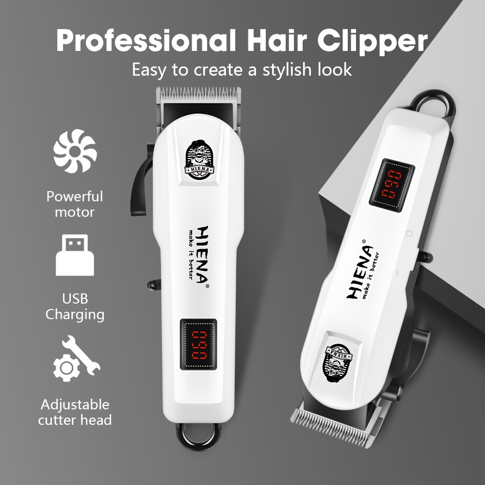 HIENA Electric Hair Clipper White Trimmer Set USB Rechargeable Cordless Hair Cutter with Storage Bag and Comb Professional LCD Display Barber Clippers for Men's Grooming Gift