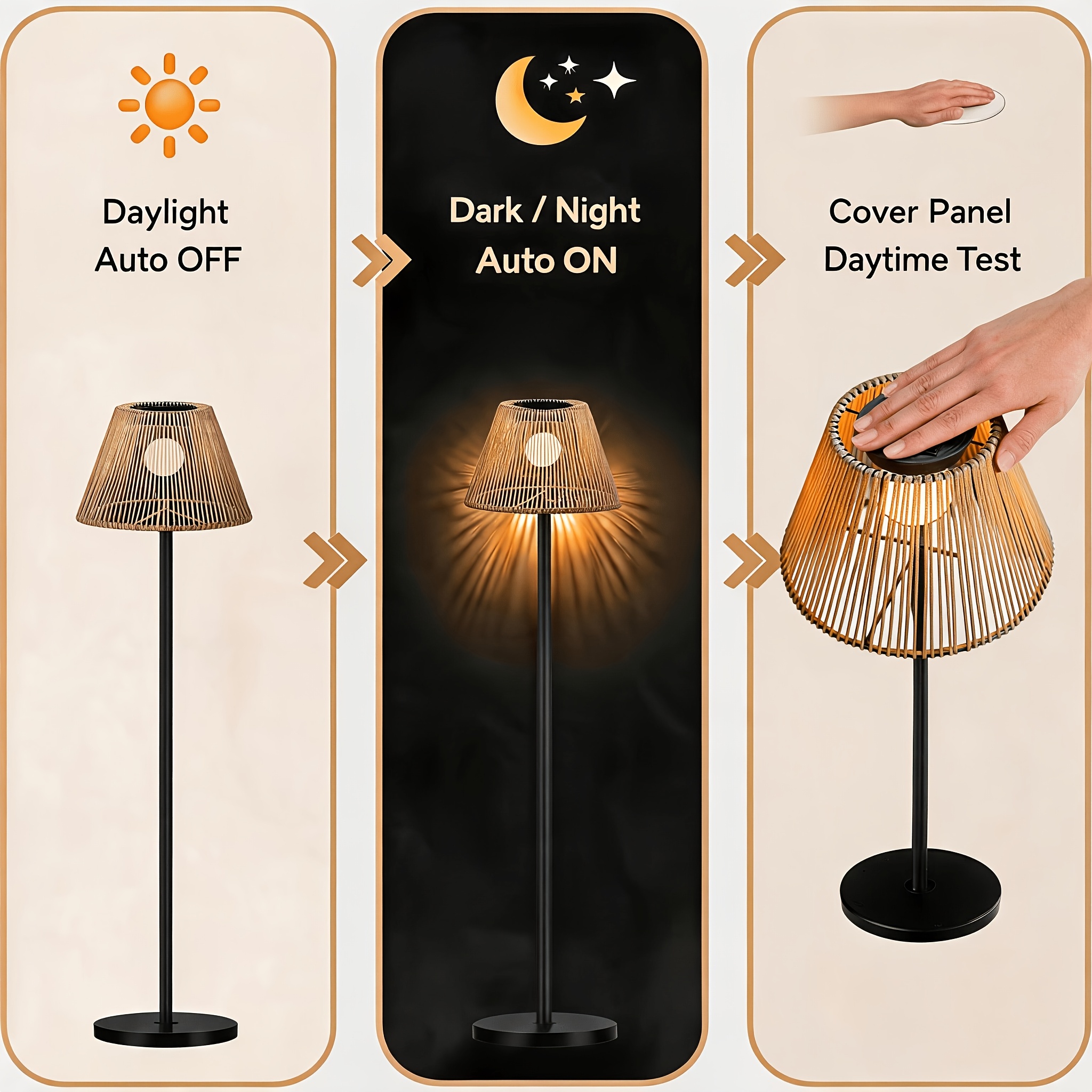 TEMU Solar Rattan Floor Lamp Outdoor: 3-height Adjustable (21-47 Inch) Boho Wicker Led Lamp With Solar Panel, Ip44 Cordless For Patio Backyard Decor