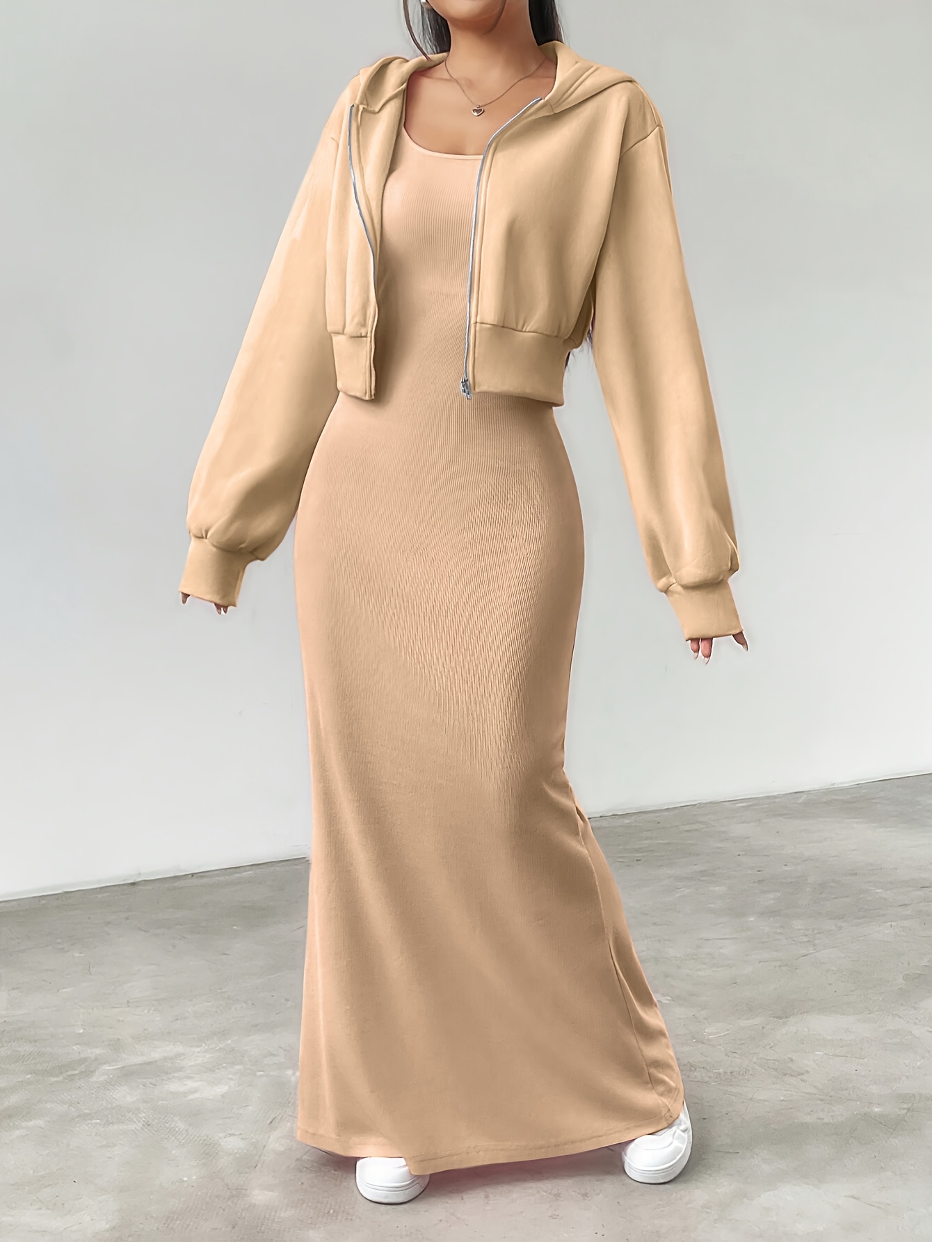 womens elegant solid color hooded jacket ankle length dress - Temu South  Africa