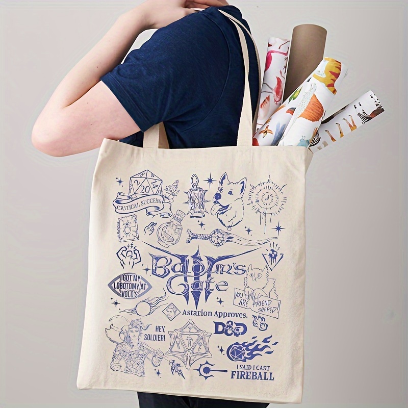 

1pc Baldur's Gate Doodle Art, Baldur's Gate Merch Gift Pattern Tote Bag, Canvas Shoulder Bag For Travel & Daily Commute, Shopping Luggage Bag, Ideal Choice For Gift, Trendy Folding Handbag