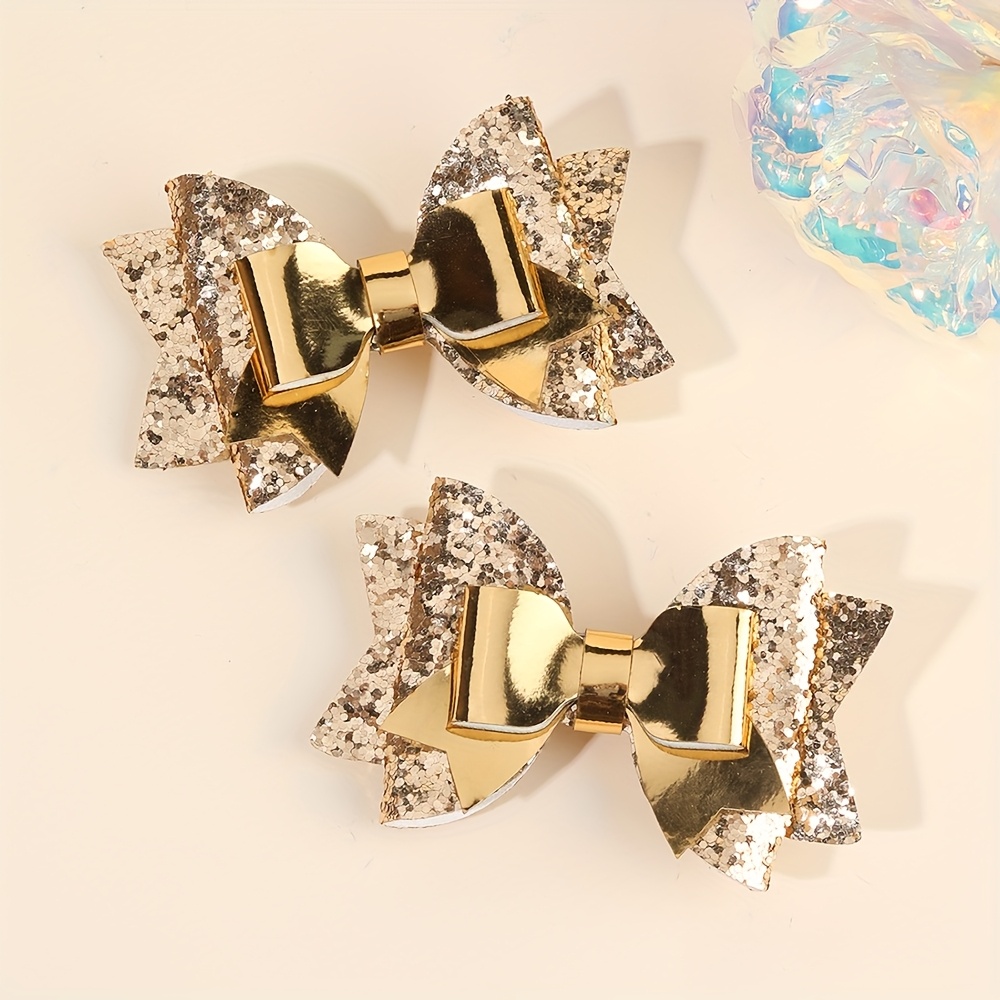 Image of 2pcs Sparkly Golden Glitter Bow Hair Clips For Girls - Cute Shiny Hair Accessories, Perfect For Parties, Dancing & , Polyester Material, Metallic Finish, Hair Accessories For Girls