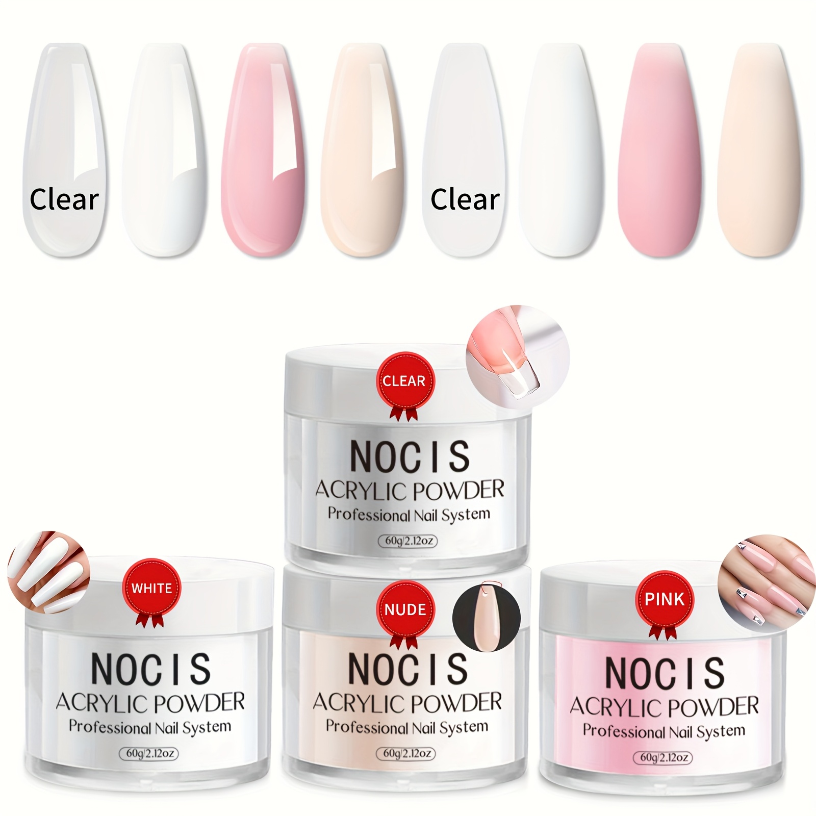 TEMU Christmas : 60g4-color Acrylic Powder Set | Clear, Nude, White For Festive Nail Art. No Lamp Needed!