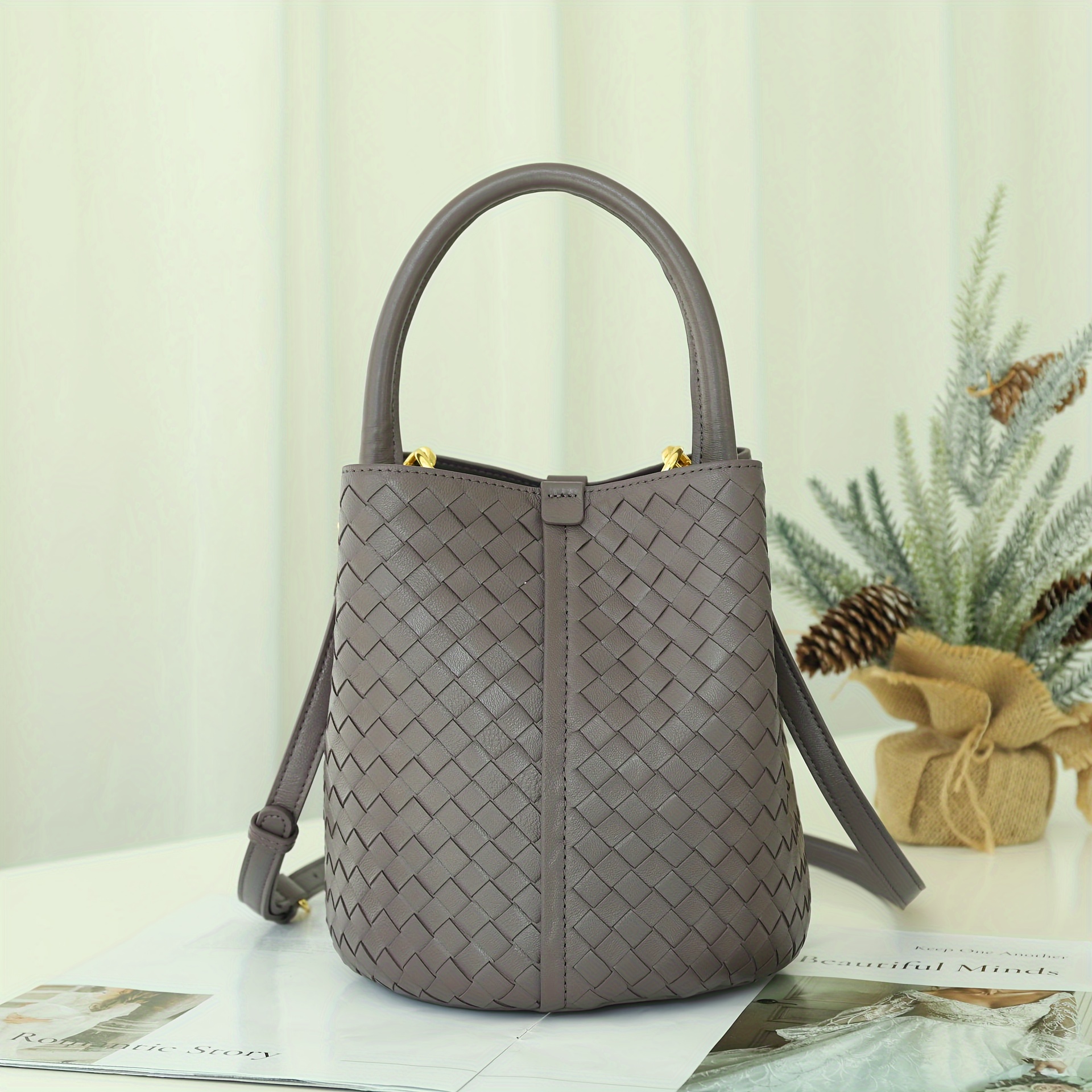 Genuine Leather Woven Bucket Bag Luxury Solid Color Handbag - Temu Canada