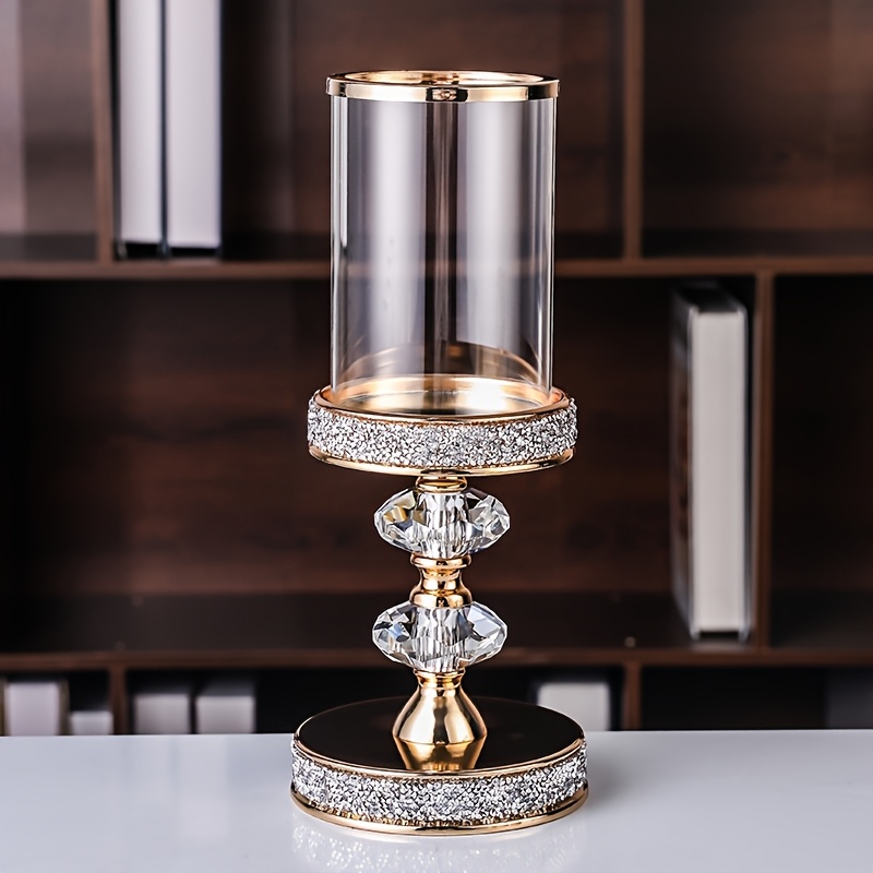 E-shop Goldener flacher Kugel Silberbeschlagter Diamant Glas Winddichter Kerzenständer, Outdoor Hochzeit Tischdekoration, Heim Tischdekoration,