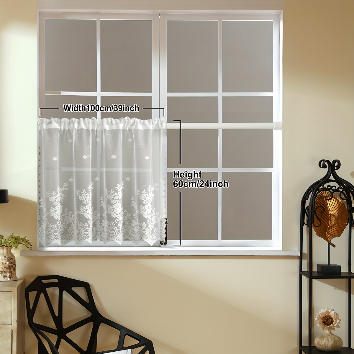 1pc Lace Small Curtain, Easy Lace Short Curtain, Rod Pocket, White Sheer Valance For Kitchen Dining Room, Window Door Decor, Cabinet Curtain