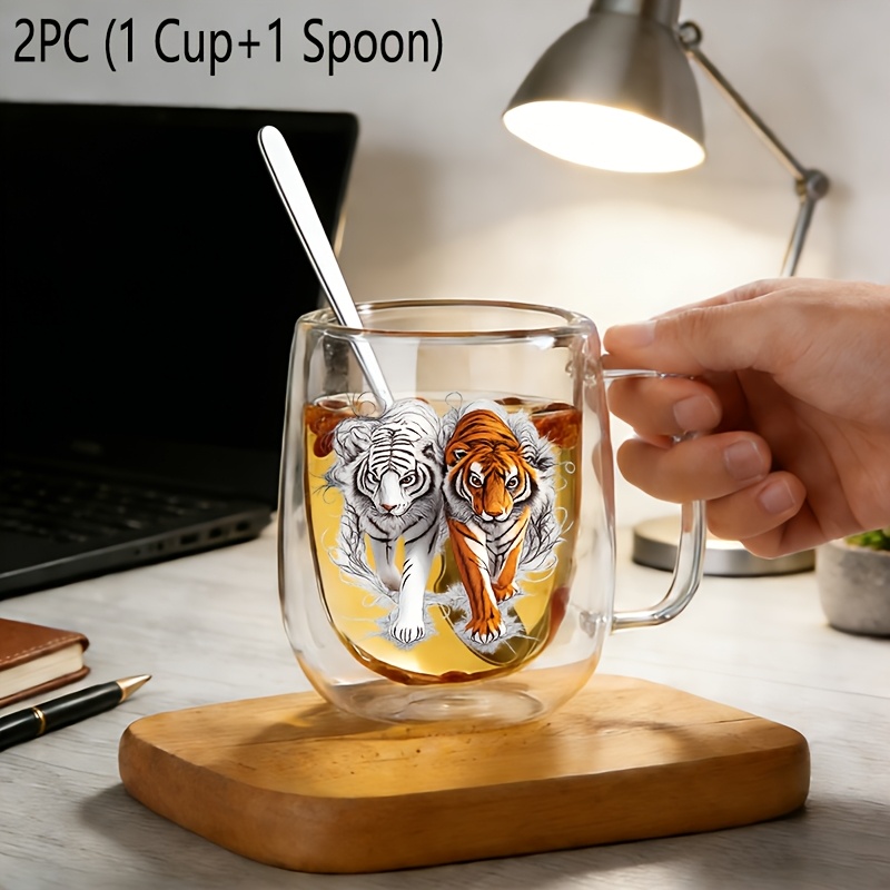 TEMU 2pcs Insulated Double-walled Borosilicate Reusable Glass Cup With Spoon Handle,large Capacity Clear Coffee Mug For Beverages Drinks For Men