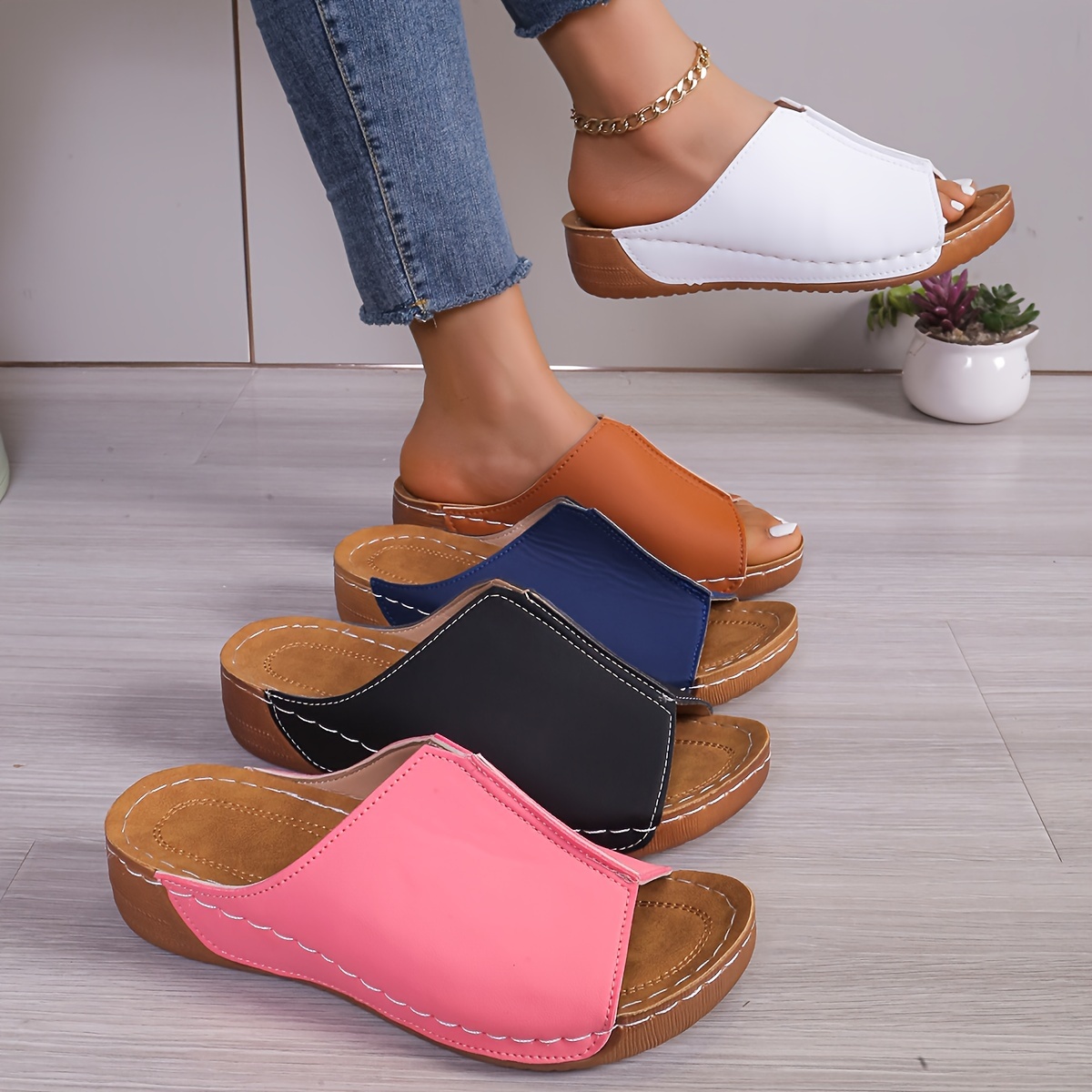 

Women's Solid Color Stylish Sandals, Platform Slip On Soft Sole Walking Shoes, Comfort Wedge Shoes