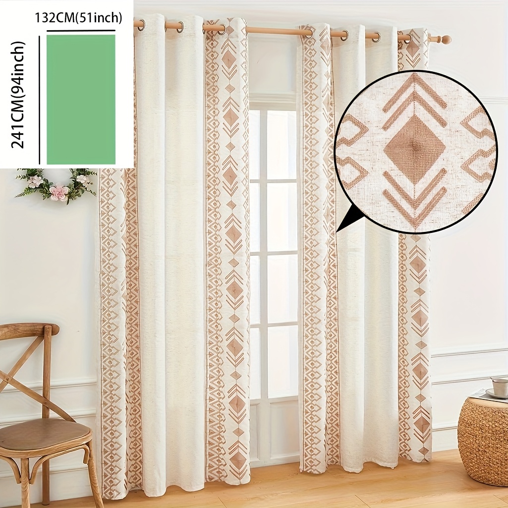 Image of 1pc Bohemian Farmhouse Curtains - Geometric Rhombus Design, Semi- Filtering Polyester, Machine Washable With Grommet Top For Living Room & Multi-room Decor