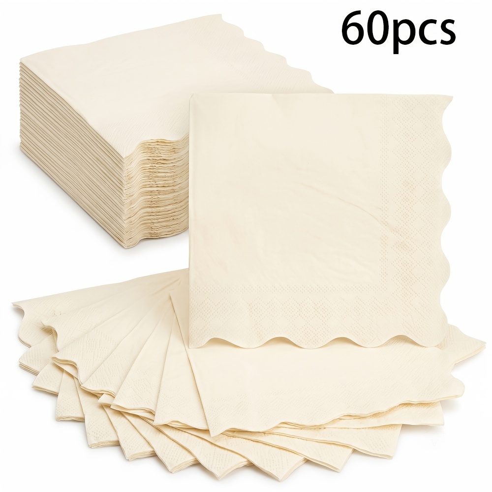 TEMU 60pcs Pack Cream Scalloped Edge Disposable Paper Napkins - 2-ply Elegant Neutral Suitable For Wedding, Bridal Shower, Tea Party, Picnic -