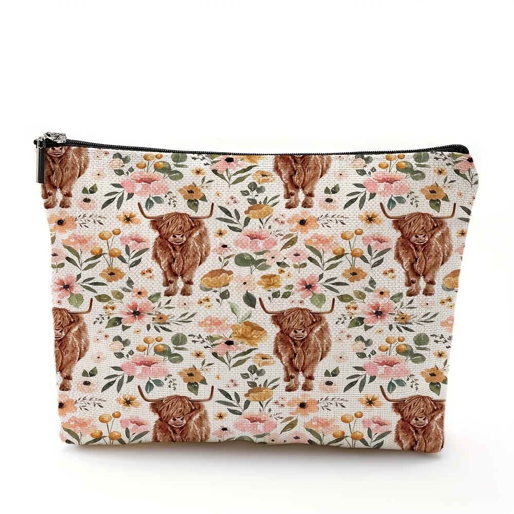 TEMU 1pc Floral Highland Cow Print Makeup Bag - Country Western Design, Vibrant Wildflowers And - Ideal For Travel, Holiday Parties, And Daily Use -