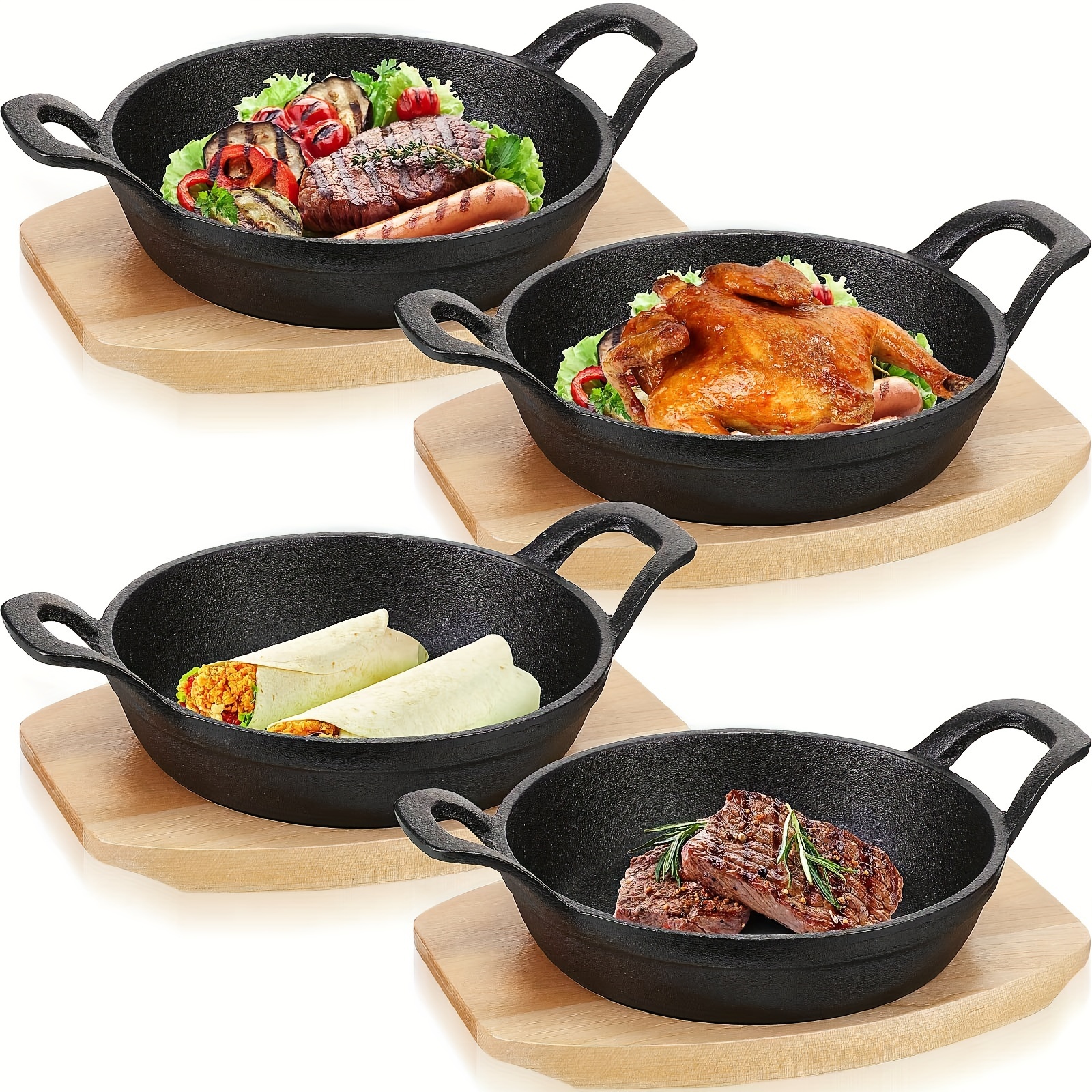 TEMU 4 Sets Of Mini Cast Iron Frying Pans Mini Cast Iron Pan Frying Pans With Wooden Base Small Circular Cast Iron Pans Cast Iron Pans Mini Cast Iron Pans Suitable For Baking And Cooking (4.9 Inches)