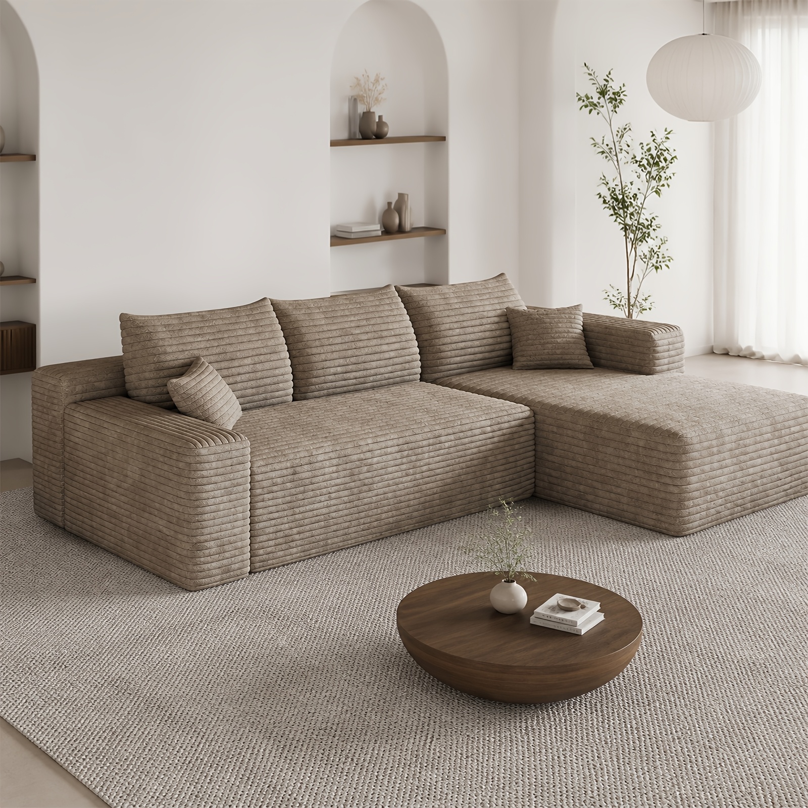 Image of Modern Minimalist Upholstered Sofa, Cozy L-shaped Sofa For The Living Room, Deep Seat With A Corner Feature, Velvet Fabric. No . An To Enhance The Ambiance Of Living Rooms, Apartments, And Bedrooms