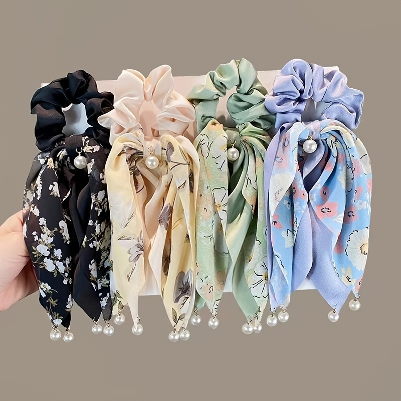 

4pcs Elegant Fabric Hair Ties With Pearls, Floral Print Bowknot Hair Elastics, Hair Rings For Women, Valentine's Day Gift Set