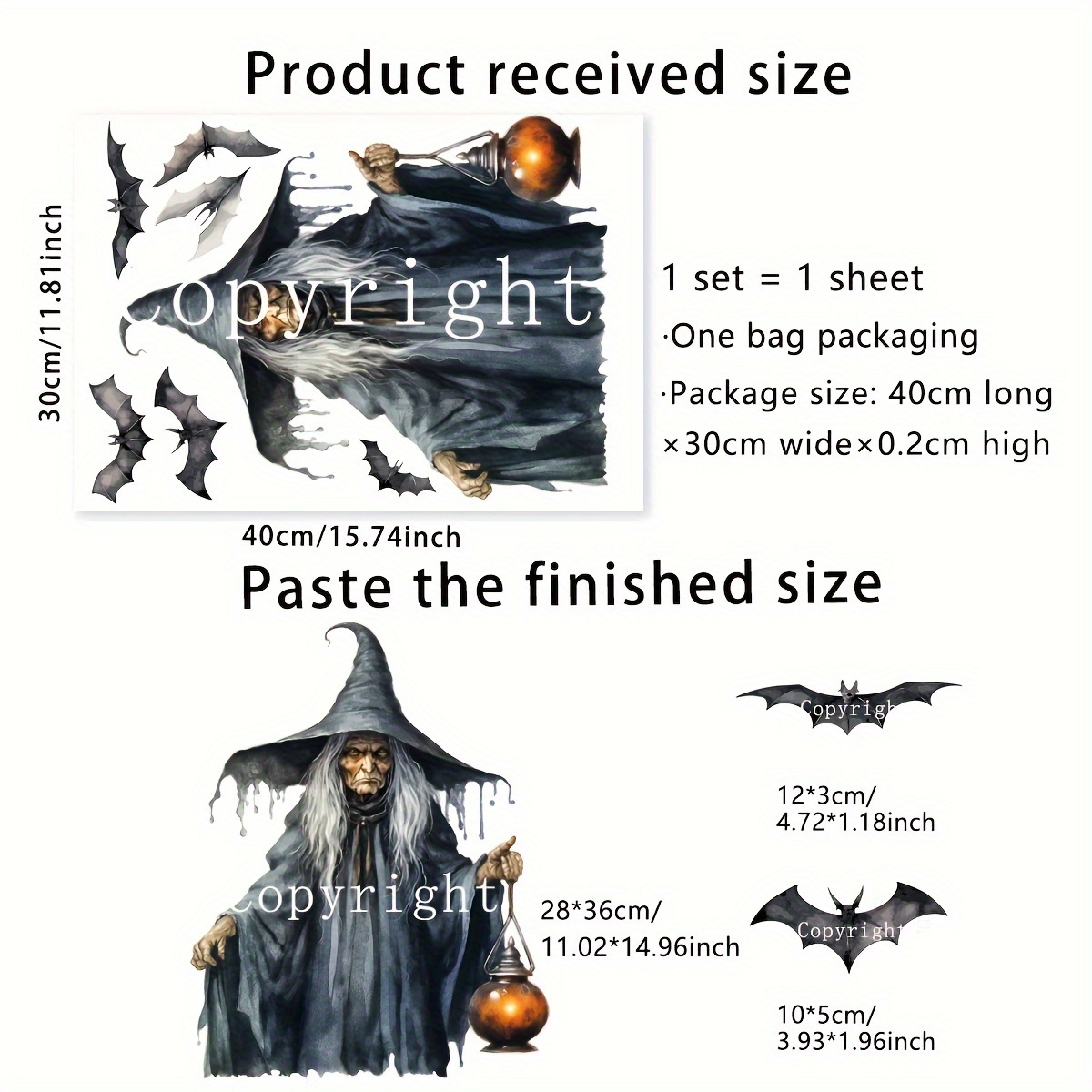 Image of Halloween Witch And Bats Window Decals, 20 Mil Thick Double-sided Printing, Static Cling Pvc Stickers, Contemporary Reusable Glass Cling For Window Display Decor, Removable, 1 Sheet Set - Dj7040-yc
