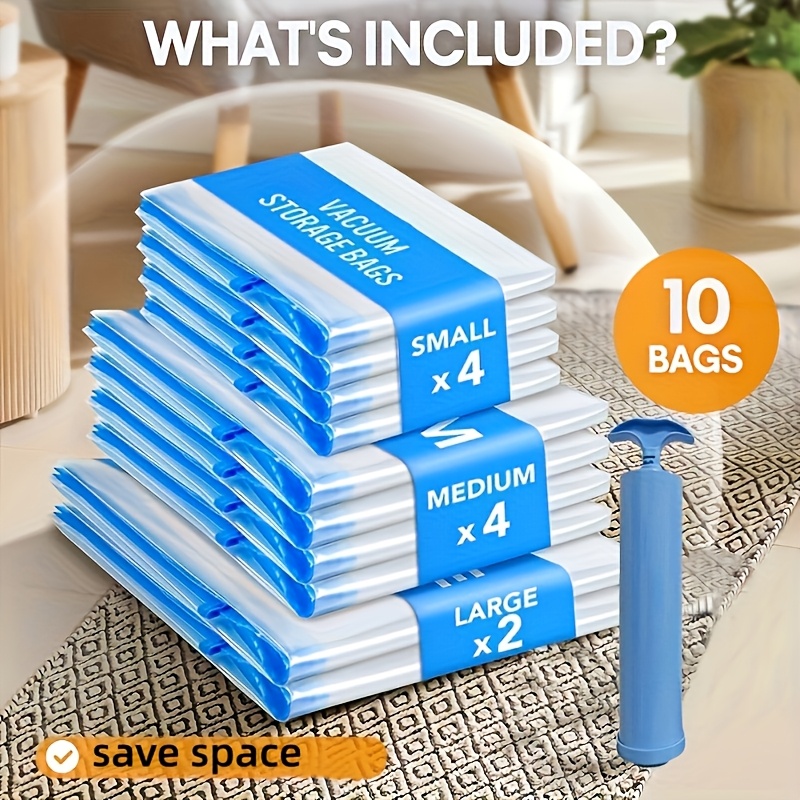 TEMU Set Of 11 Vacuum Storage Bags | Includes Portable Hand Pump, In Large, Medium, And Small Sizes For Bedding And Clothing – A Must-have Travel