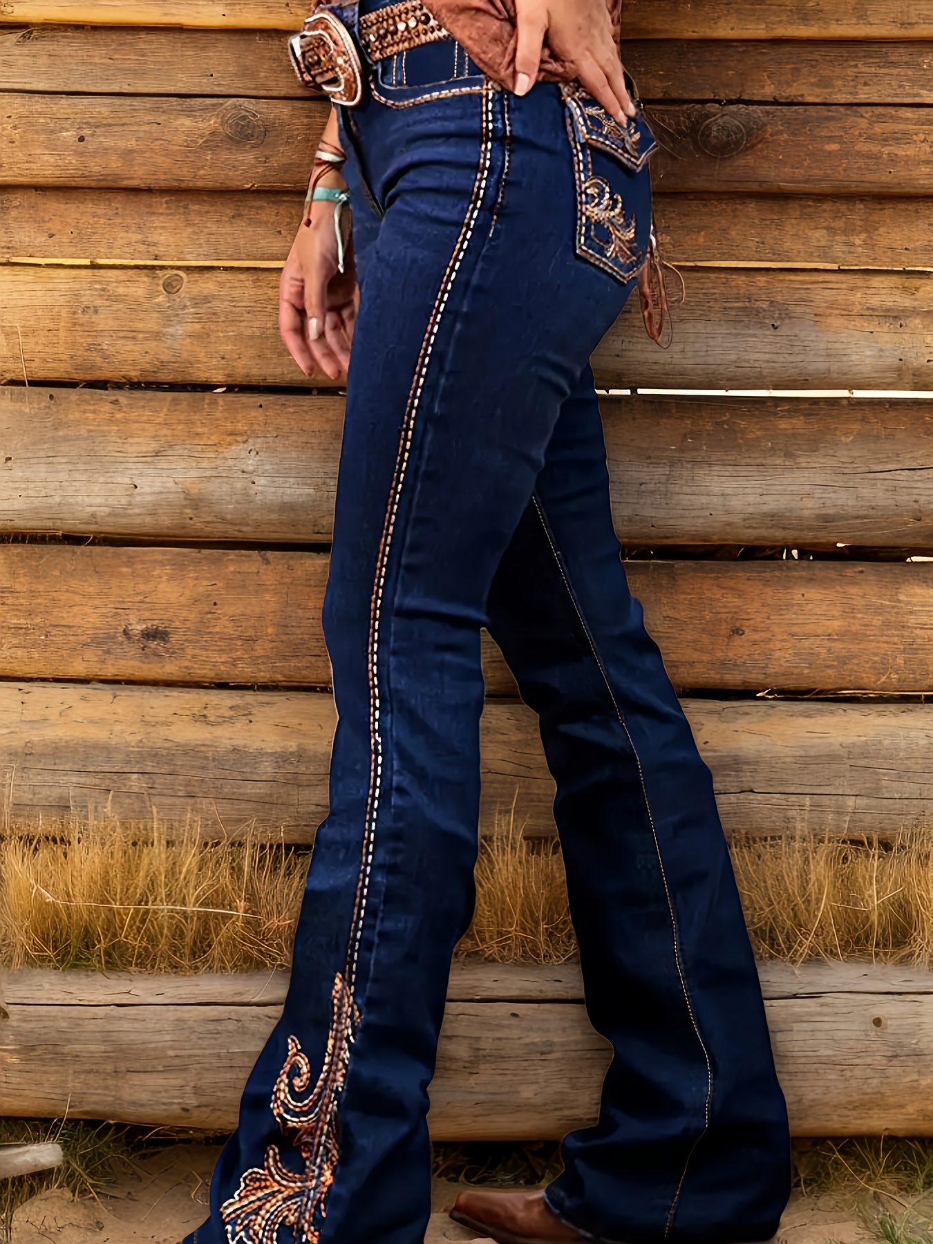Women's High-Waisted Wide-Leg Bell-Bottom Jeans-Like Pants Cowgirl Fringe  Western Embellished Stretch *-Fit Trousers, Beltless Wear