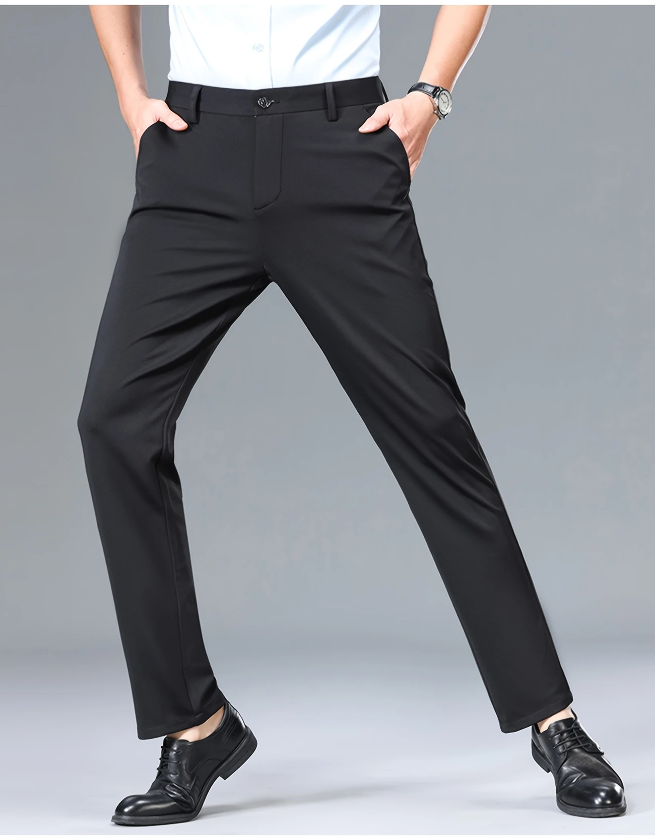 mens casual long pants black stretch fit dress pants waist regular fit polyester 94 spandex 5 button fly woven fabric 210g m alphabet pattern for weekend casual stretch details 5