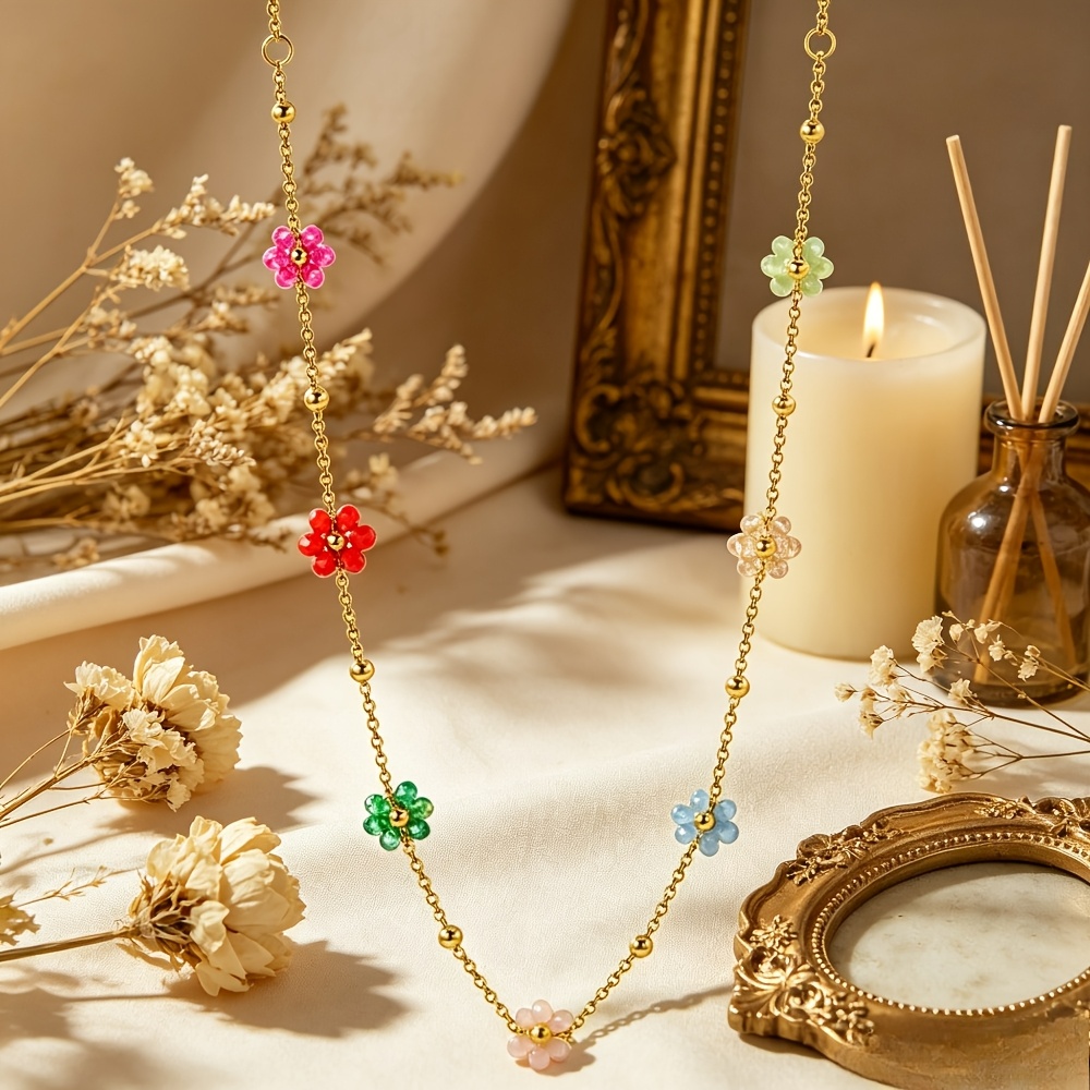 Colorful Crystal Flower Necklace, Dainty Gift