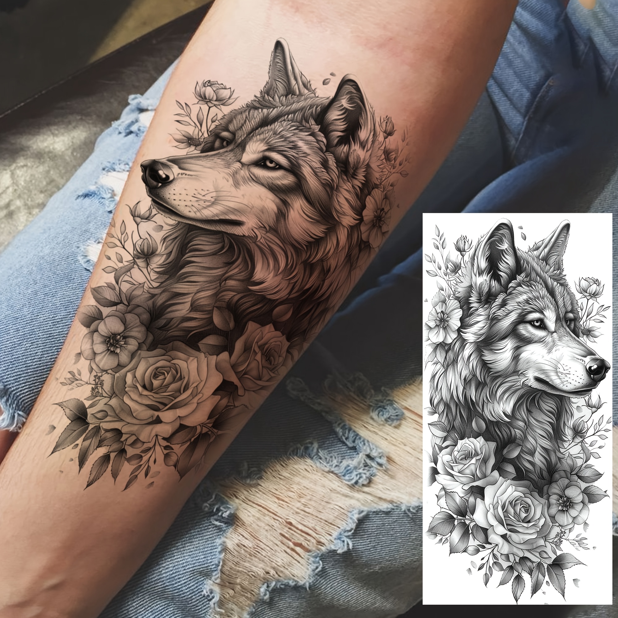 1 Sheet Wolf Rose Temporary Tattoos Suitable For Adults - Realistic Waterproof Fake Tattoo Stickers With Wolf & Rose Designs, Long Lasting Thigh, Arm,, Forearm Body For Parties, Festivals, Daily Wear