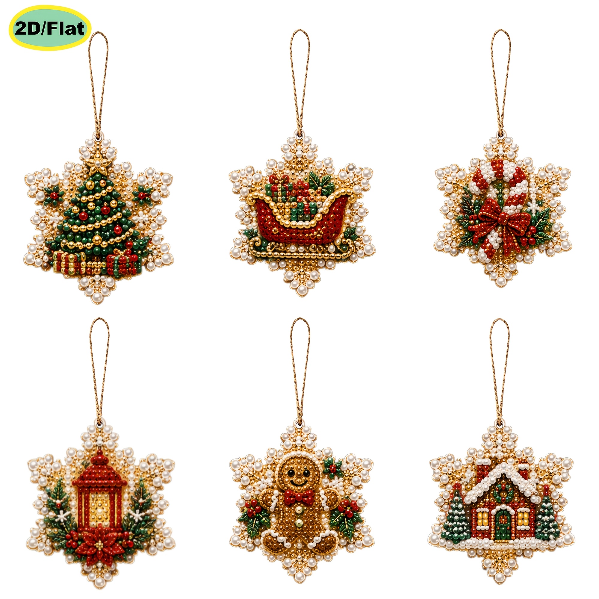 TEMU Set da 6 pezzi per pittura diamante, diamante 2D piatta con perle, nuovo ciondolo con in legno natalizia, borsa in materiale diamantato, 3.07 x