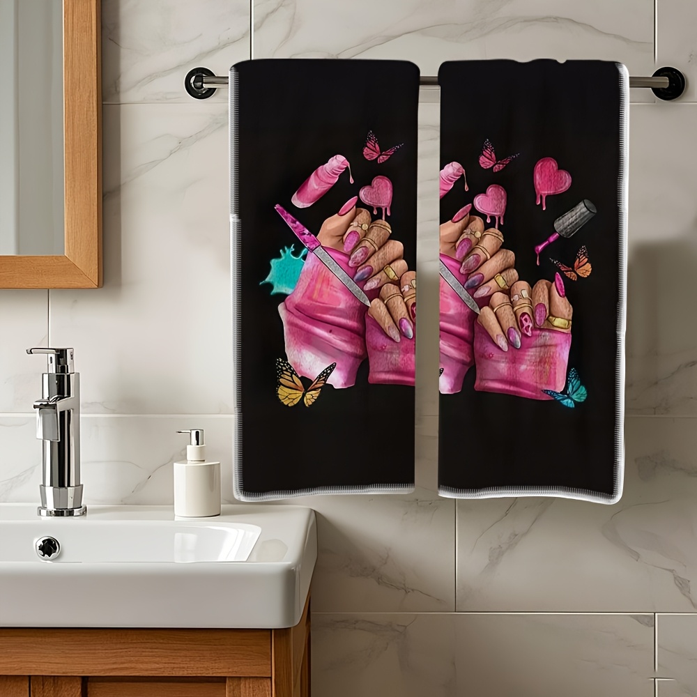 TEMU 2pcs, Hand Towel, Towel With Pink Nail Art Artwork Theme, Towel For Bathroom, Kitchen Fingertip Towel, Everyday Use Towel, Halloween, Christmas,