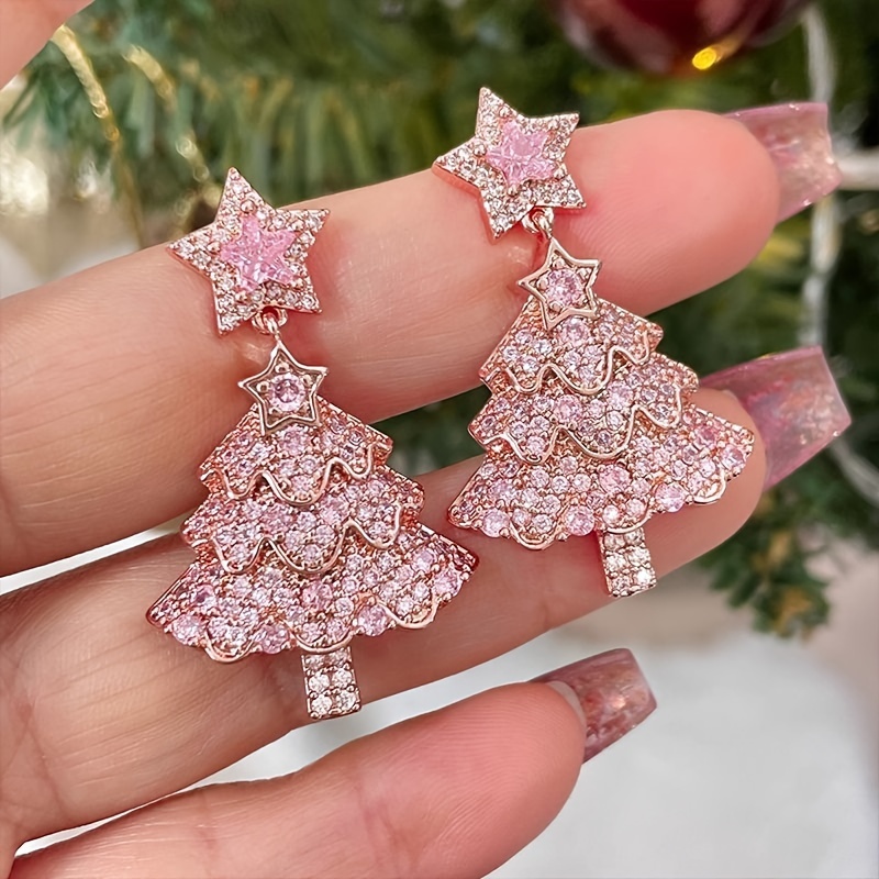 

1 Pair Elegant Rhinestone Christmas Tree Earrings, Women's Fashion Jewelry, 925 Silver Studs, Alloy, Perfect For Holiday Parties And Celebrations, All-season Accessory