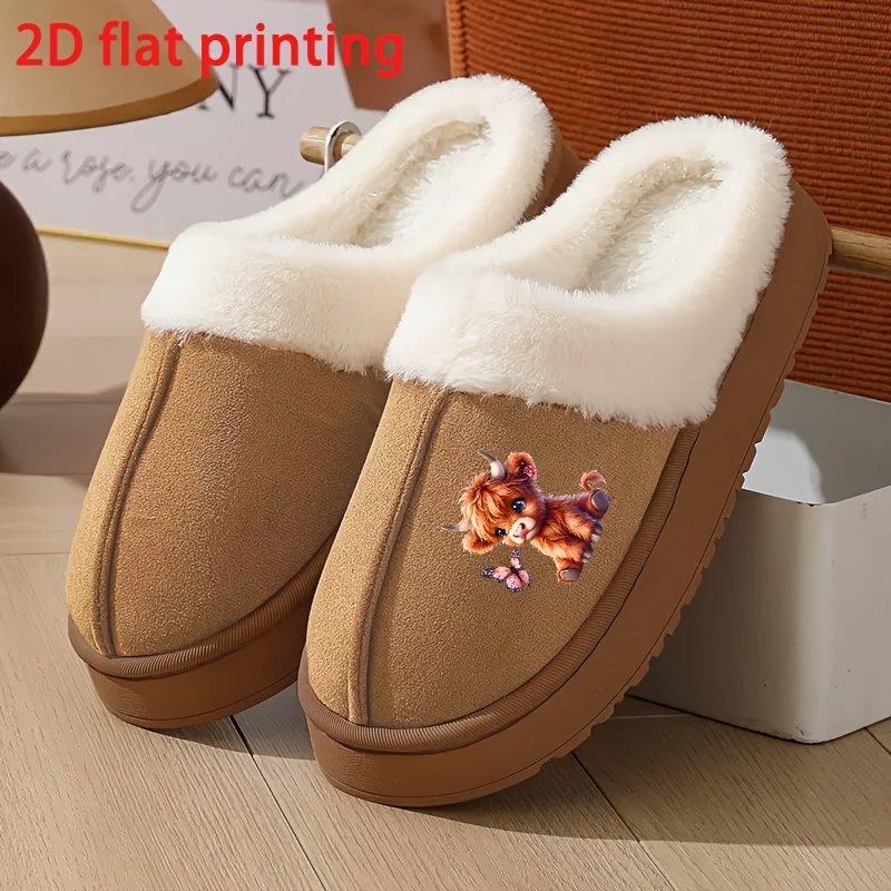 TEMU Cow Cartoon Print Women's Home Slippers - Warm Breathable Sole Non-slip Indoor Slippers, Plush Lining Stylish Lace Trim, Plus Size Women Winter