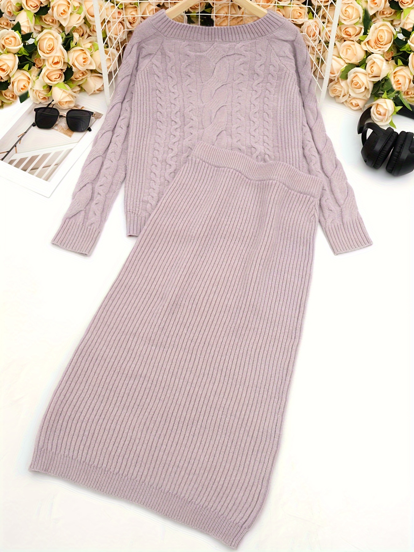 elegante off shoulder kabelbrei trui rok set Temu Netherlands