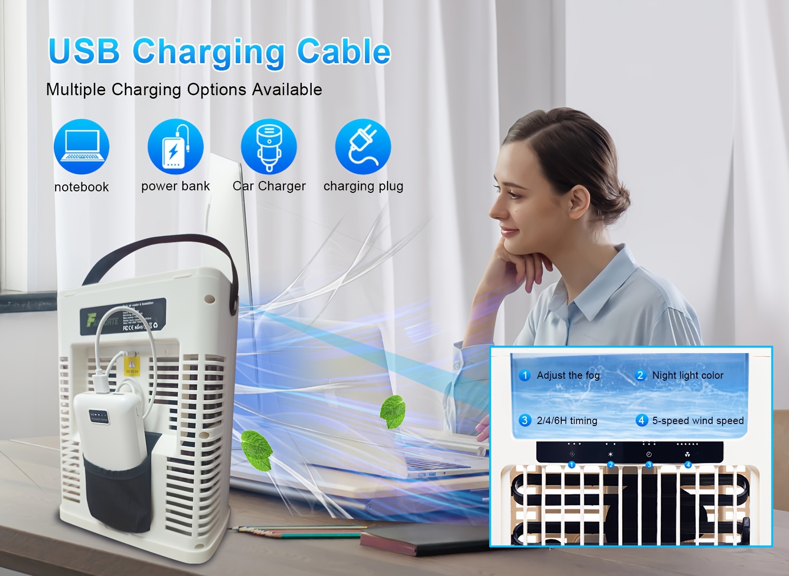 Enfriador De Aire Portátil USB - Ventilador Evaporativo + Humidificador, 300 Ml, Silencioso - Para Escritorio, Mesilla, Viajes