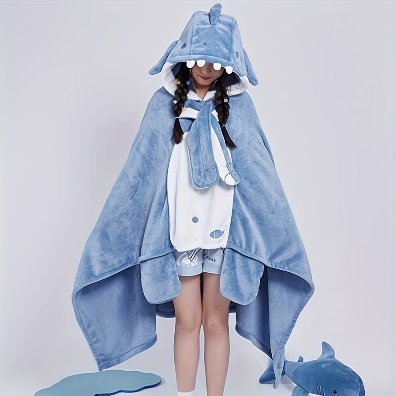 

Cozy Shark Hoodie Blanket For Adults - Soft Flannel Wearable Cape, Machine Washable, Blue, Comfortable, Hooded