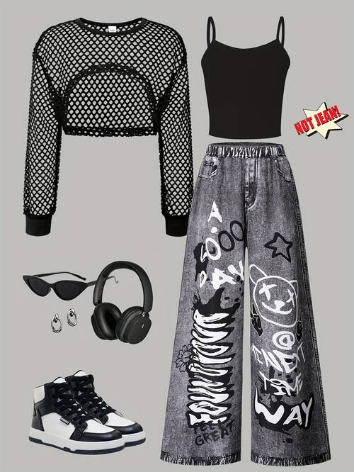 spring autumn 3pcs set girls fashion mesh long sleeve pullover camisole and graffiti imitation denim long pants