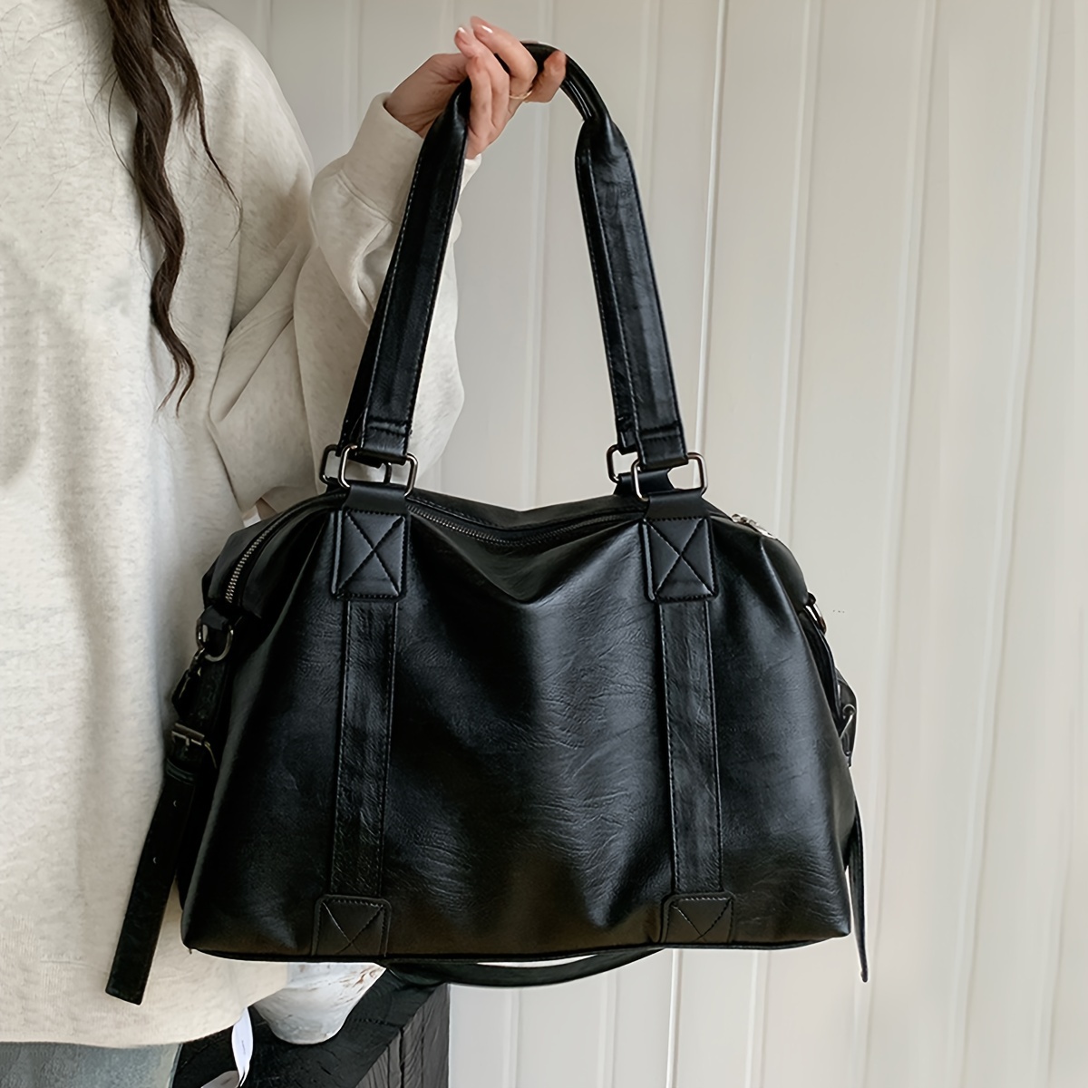 

Women's Solid Color Fashion Tote Bag, Large Capacity Travel Bag, Crossbody Shoulder Bag