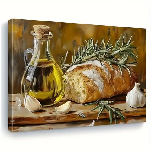 2d flat posters prints framed 1pc art print featuring a rustic kitchen theme with bread oil and herbs a canvas decoration the living room bedroom home office or dining area with a polyethylene frame