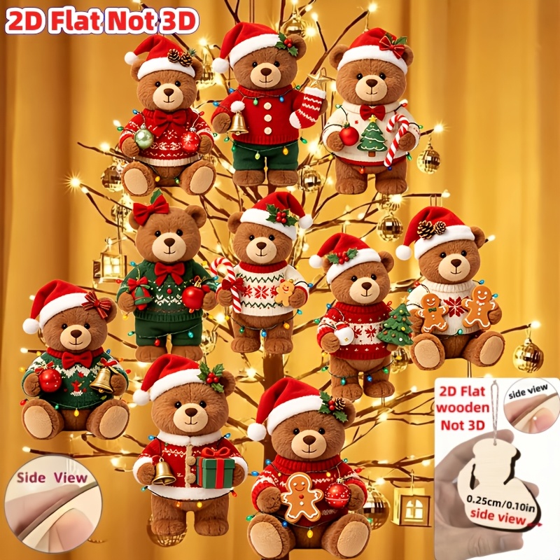 TEMU Set da 10 pezzi di ornamenti da appendere in legno a forma di orsacchiotto, design di , decorazioni da appendere all'albero di Natale, accessori