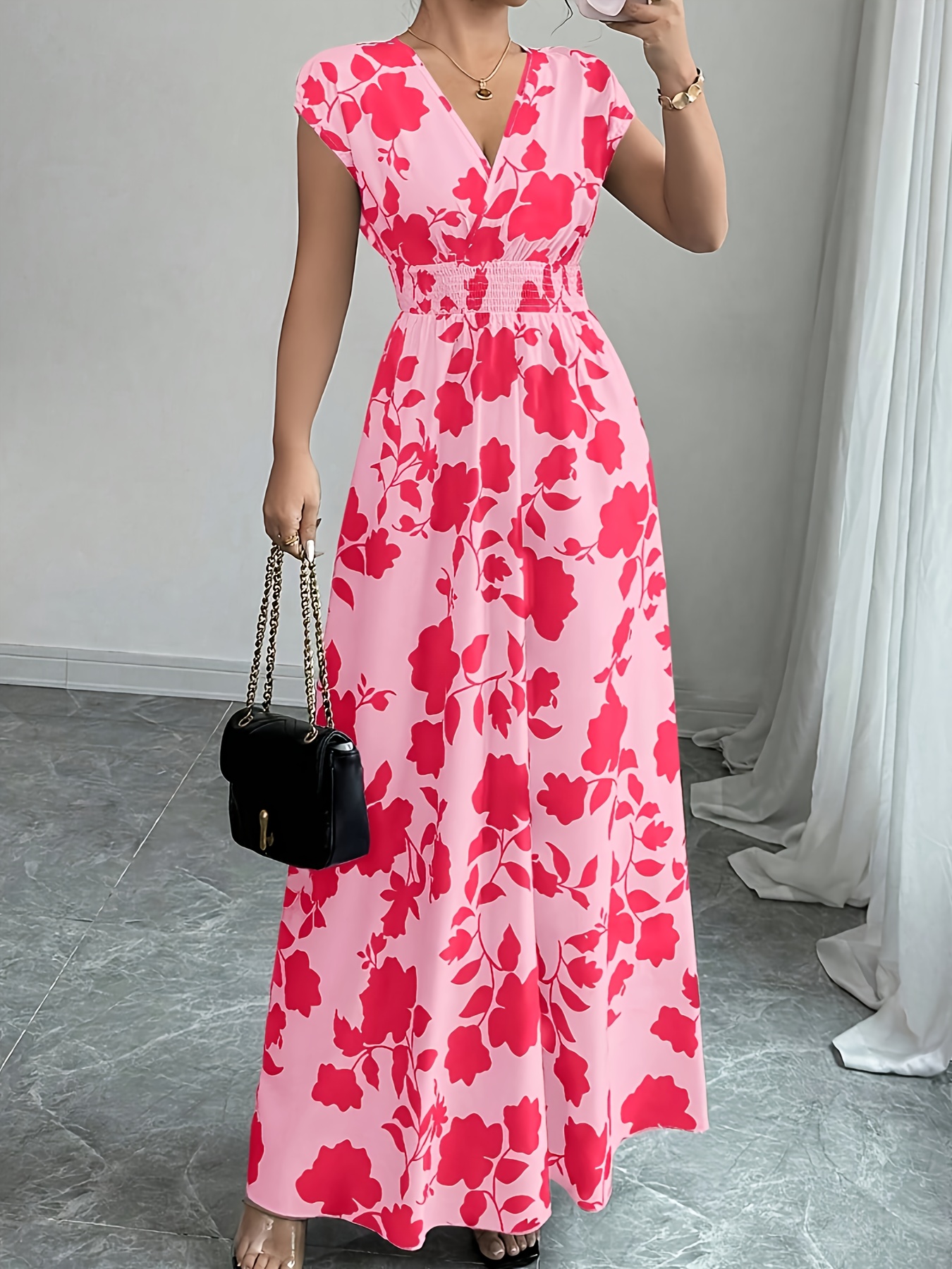 Elegant Pink Floral Maxi Dress with V-Neck and Short Sleeves - Flowing  A-Line Silhouette, Cinched Waist * Spring/Fall, Casual to Formal Wear,  Casual Elegant Wear | Floral Print Dress | Cinched Waist ...