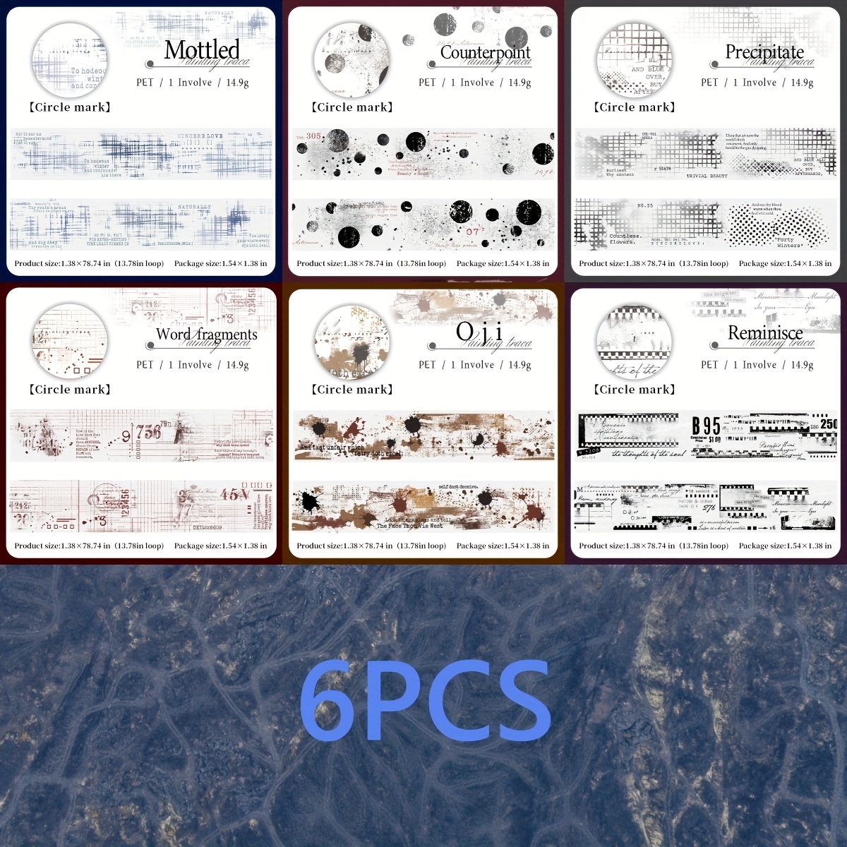 Set 6 zvitkov PET traku z vzorcem pikčev kolofona iz serije The Drawing - Vodoodporen in lepilni - Primeren za scrapbooking, etuije za telefone,