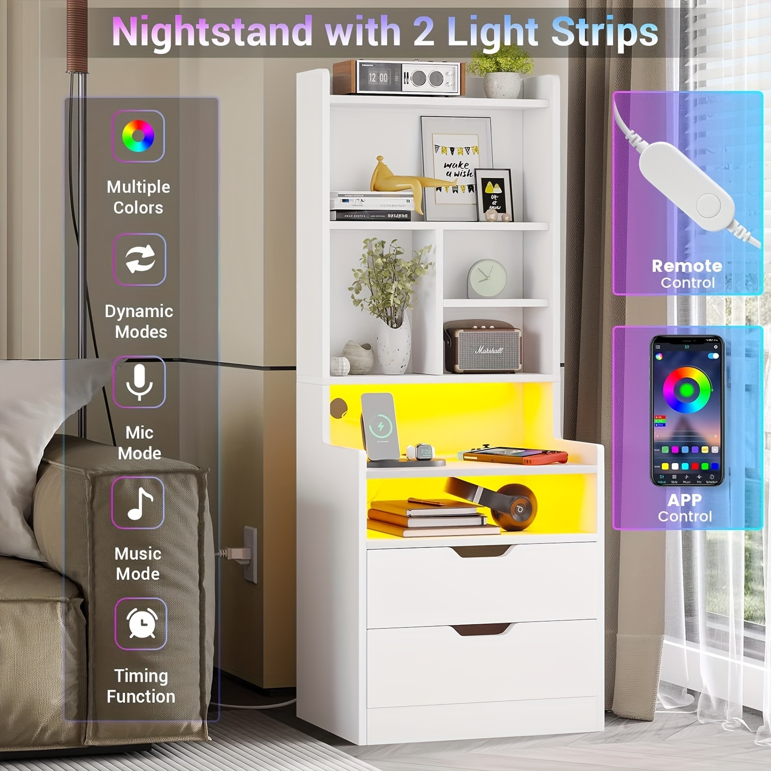 

Led Nightstand With Charging Station&bookshelf For Bedroom, Bedside Table With Led Lights&2 Drawers For Living Room, White
