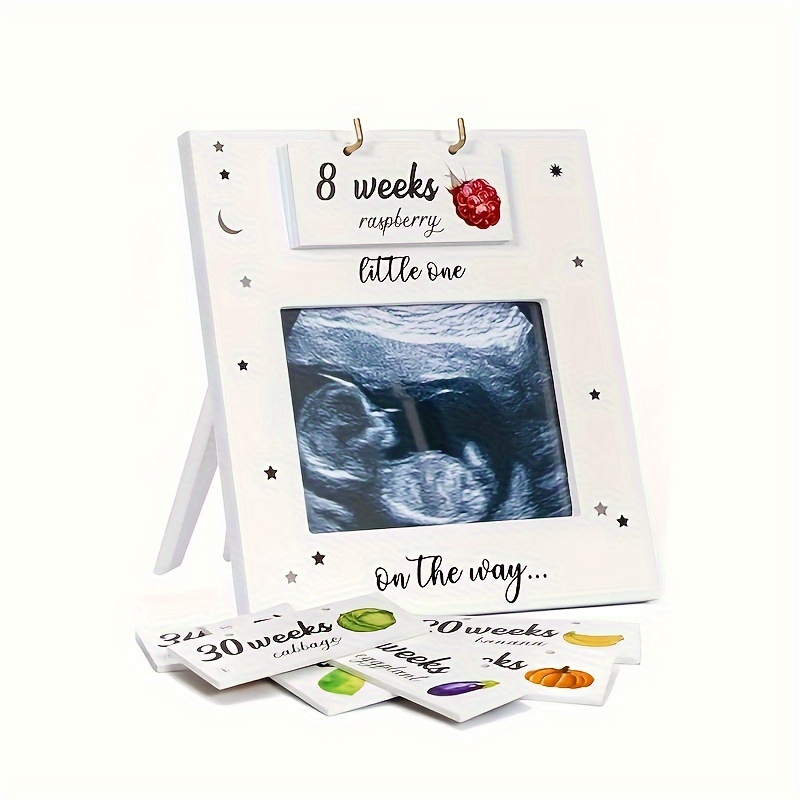 

White Wooden Ultrasound Frame With - Keepsake For Sonogram Pictures - Pregnancy Journey Photo Display - Fruit Week Markers - Gift For Expectant 18+