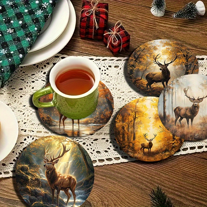 

6pcs Wooden Coaster Set With Deer Design - Heat-resistant, Home, Cafe & Tea - Ideal For Mugs & Drinks - Great Christmas Gift & Holiday Decor, Best For Christmas