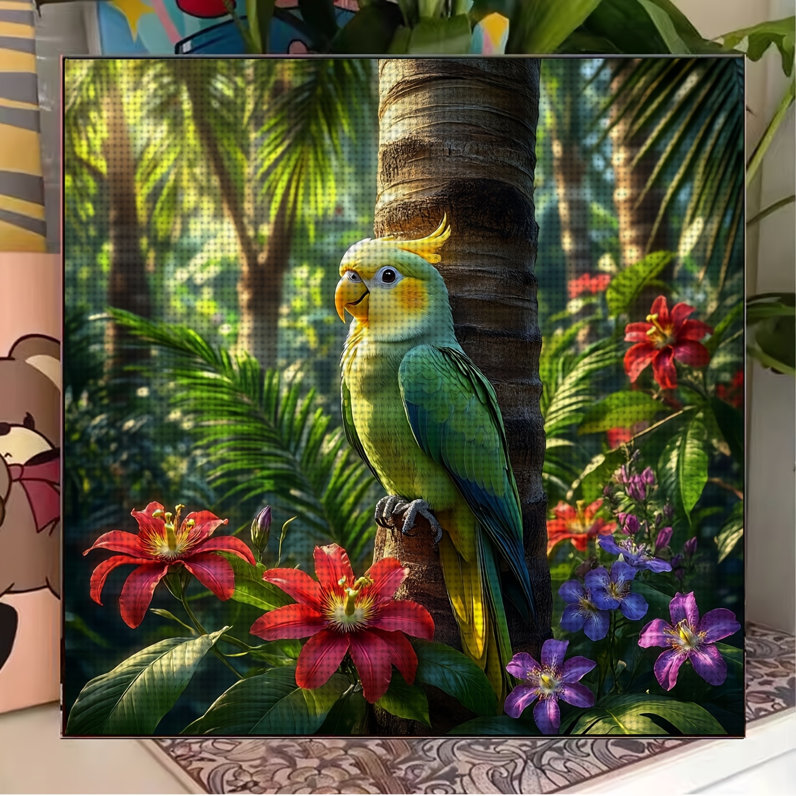 Complete DIY Frameless Cross-Stitch Kit, Colorful Parrot on Branch