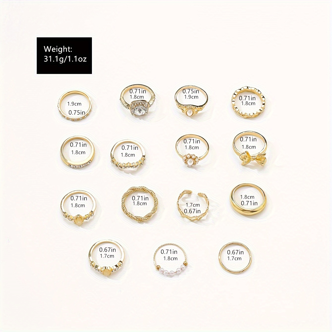 15pcs Alloy Rhinestone Faux Pearl Stackable Ring Set