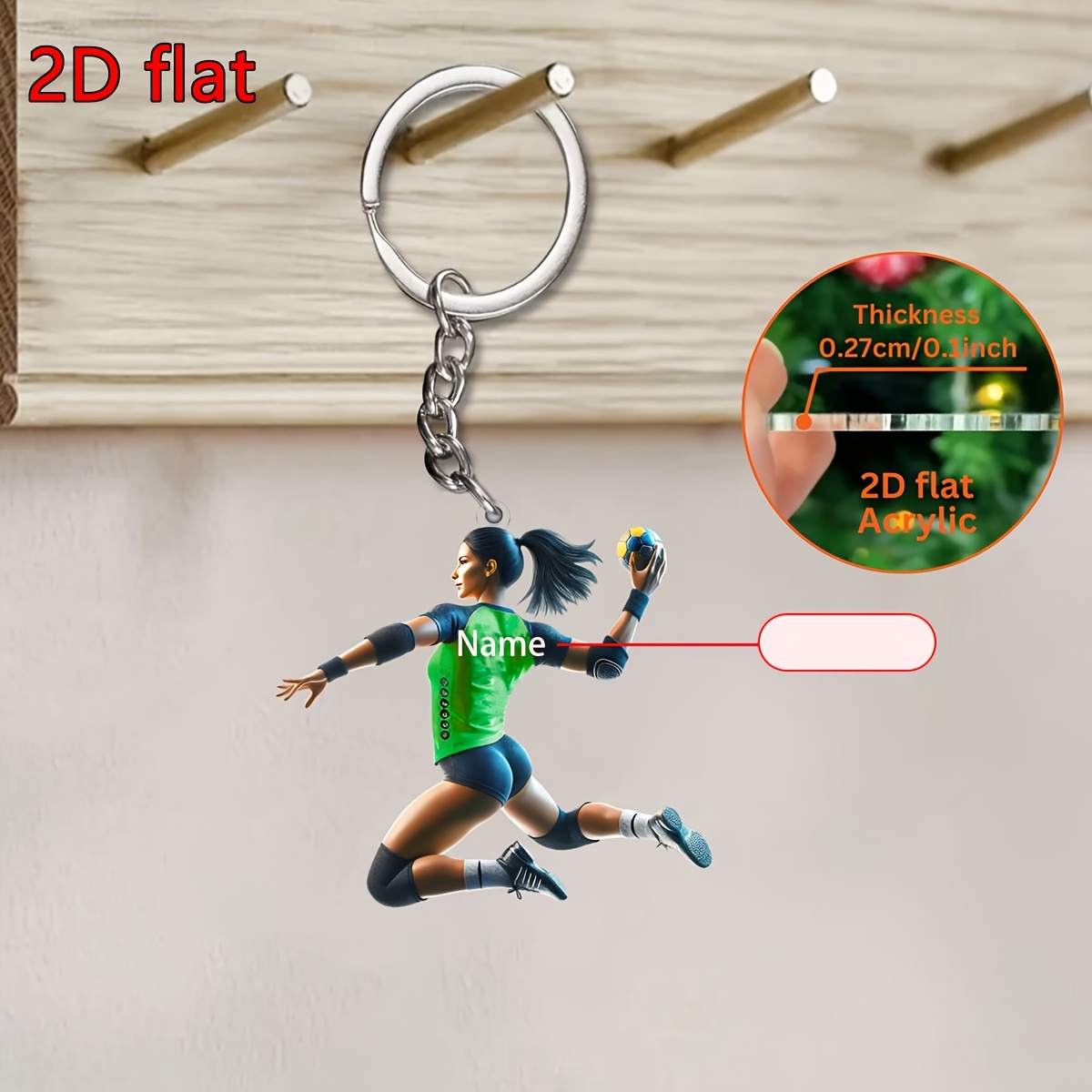 TEMU 2D Plat - Gepersonaliseerde 2D Plat - Energetische Handbal Speler Acryl Sleutelhanger - 2D Plat Printen, Kleurrijk Ontwerp, Ideaal Cadeau voor