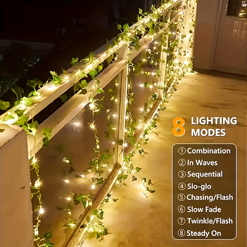 solar powered ivy string lights 50 100 led beads realistic leaves 8 flashing   warm   light suitable for   courtyards gardens fences button control non removable photovoltaic module