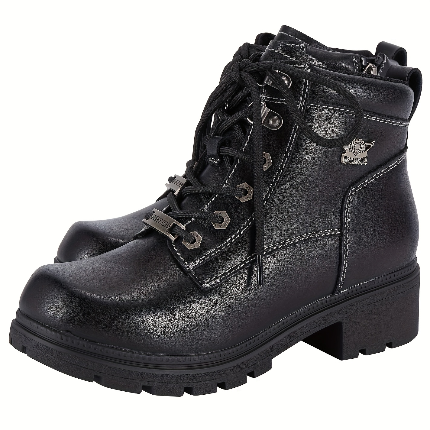 TEMU [womens Low Heel Biker Boots] Black Faux Leather Womens Lace Up Motorcycle Riding Boots | Side Zipper, Ankle Booties, Biker Boots, Combat Boots