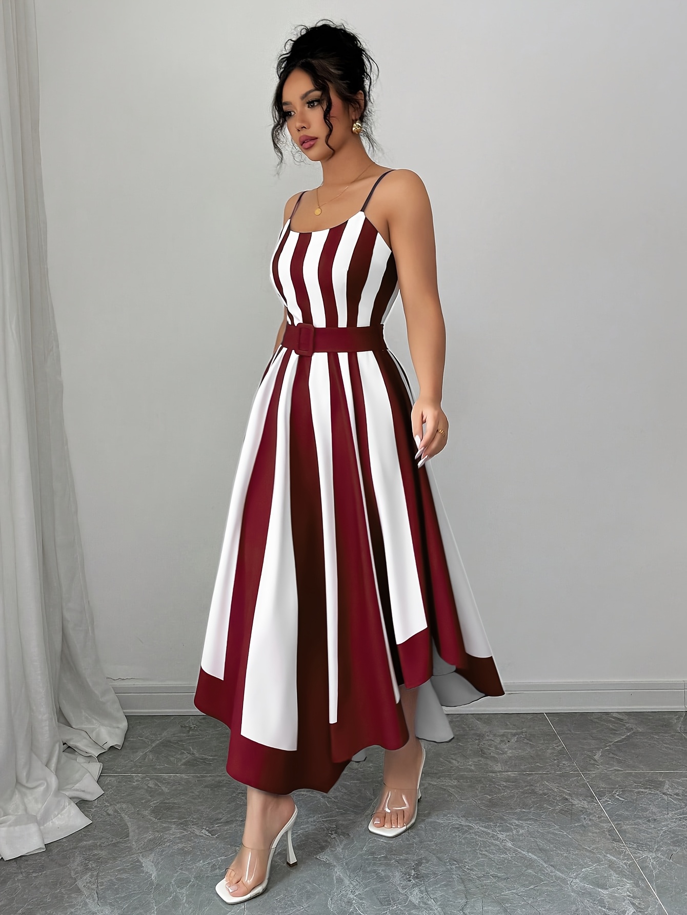 womens classic striped color block waist cinching shaped - Temu