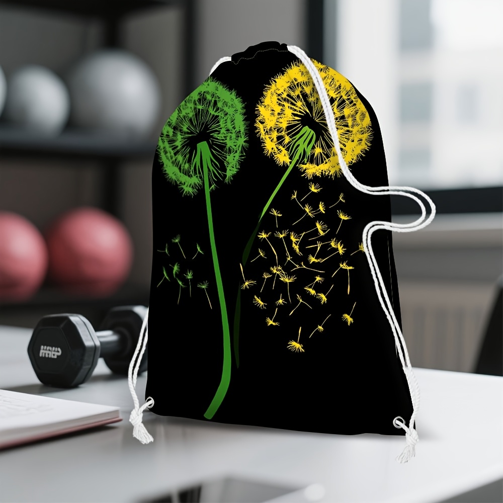 1pc womens dandelion print backpack lightweight gym travel backpack with drawstring closure soft fabric bookbag in black green yellow white ideal for yoga everyday use   washable backpack for   durable construction with multiple pockets stylish dandelion design for casual activities backpack with bows